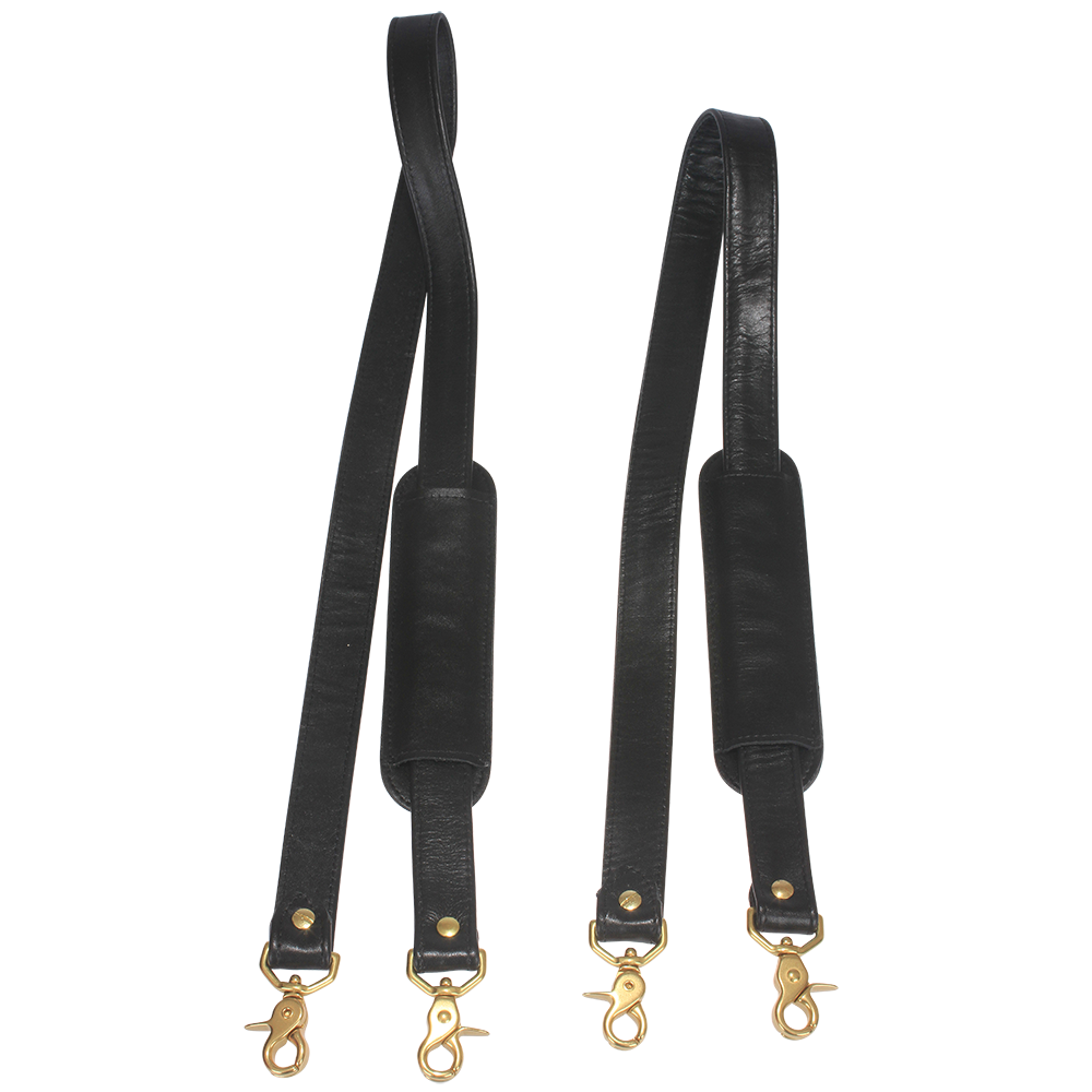black leather shoulder strap with brass swivel clips