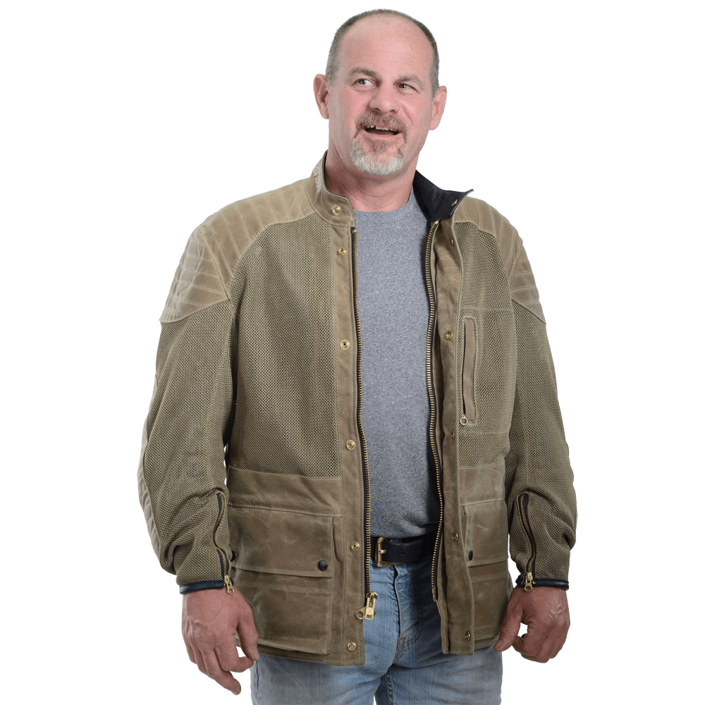 Baja Ventilated Jacket Field Tan Dark Oak Heavy Mesh 1000 denier Cordura and Wax Cotton Motorcycle Jacket