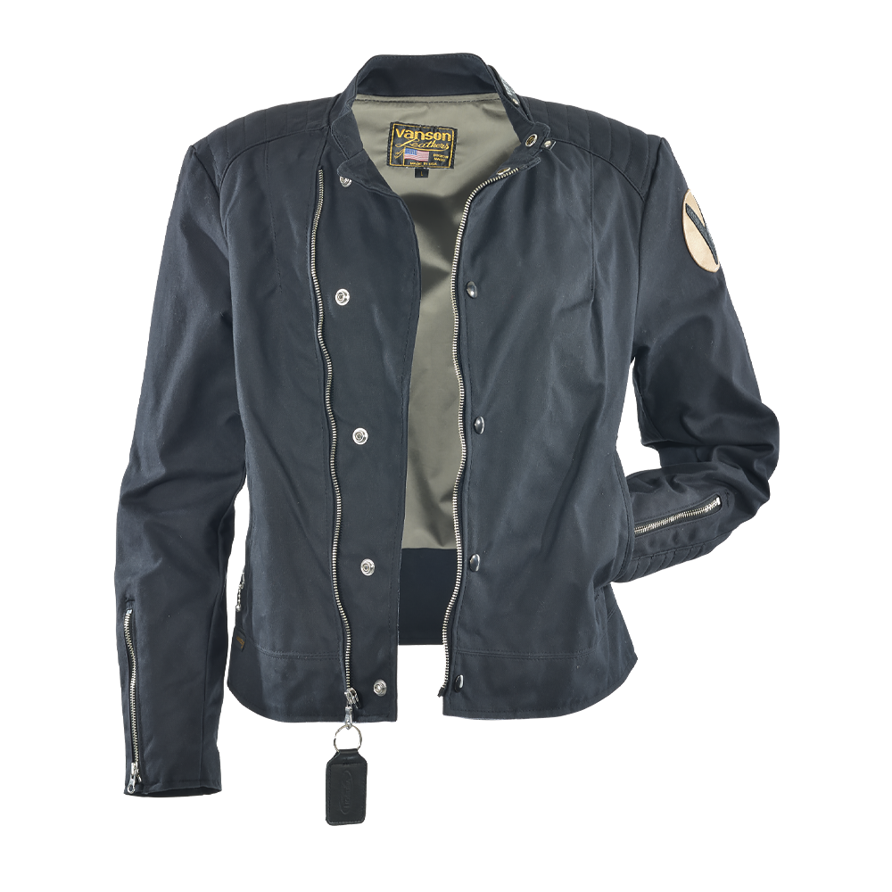 MOTA Jacket Ladies Traditional Cafe Racer Styled Black Wax Cotton Motorcycle Jacket